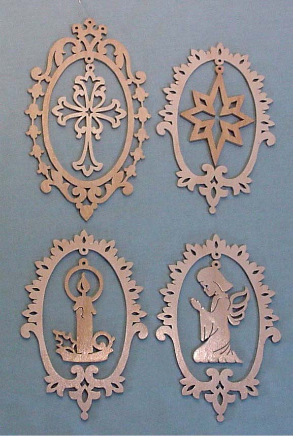 Beautiful ornaments, made from baltic birch by artist Jeff Muffie